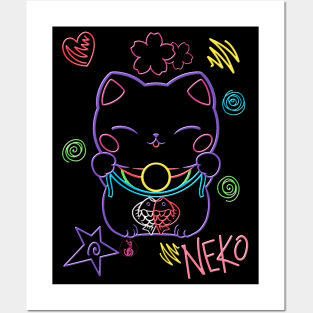 Neon Neko (1) - Cute neon light Japanese beckoning cats to bring you good luck Posters and Art